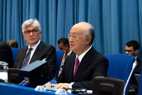 O diretor-geral da Aiea, Yukiya Amano (à dir.), durante a reunião da comissão preparatória para a Conferência de Revisão do Tratado de Não Proliferação de Armas Nucleares (TNP), que ocorrerá em 2020
