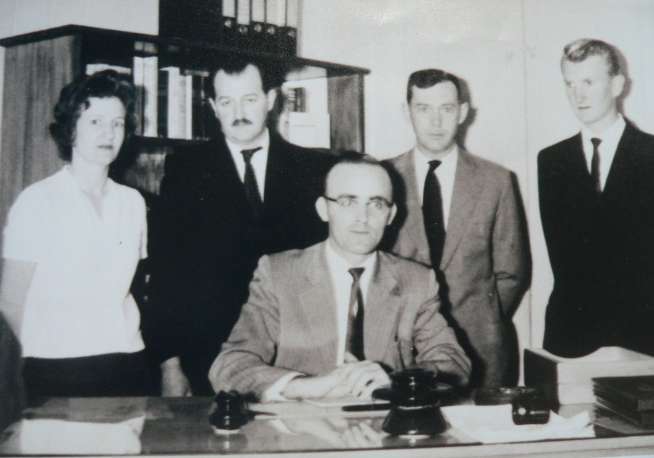 Irmgard Schuch, Ervino Haugg, Bertoldo Kehl, Siegfried Drechsler e o 1º prefeito de Nova Petrópolis, Lino Grings (1955)