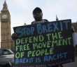 Manifestante anti-Brexit protesta com cartaz em frente ao Parlamento britânico.