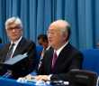 O diretor-geral da Aiea, Yukiya Amano (à dir.), durante a reunião da comissão preparatória para a Conferência de Revisão do Tratado de Não Proliferação de Armas Nucleares (TNP), que ocorrerá em 2020